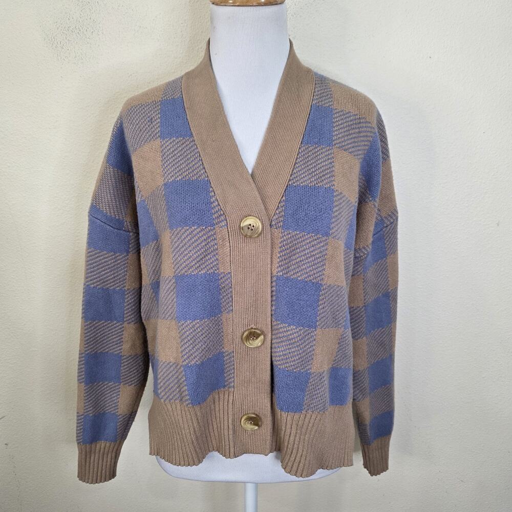 OnTwelfth Women's Beige Blue Plaid Cardigan Sweater Size Medium Button